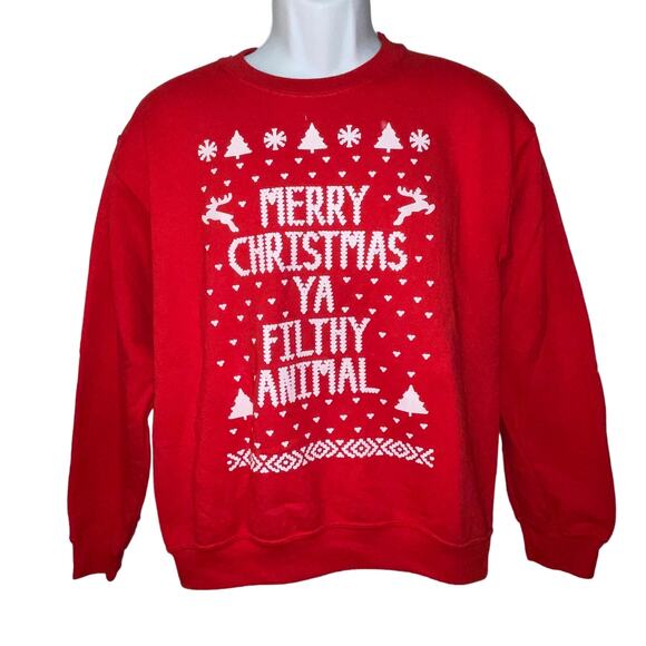 Gildan MERRY CHRISTMAS YA FILTHY ANIMAL Ugly Christmas Sweatshirt Size Small - Picture 1 of 3